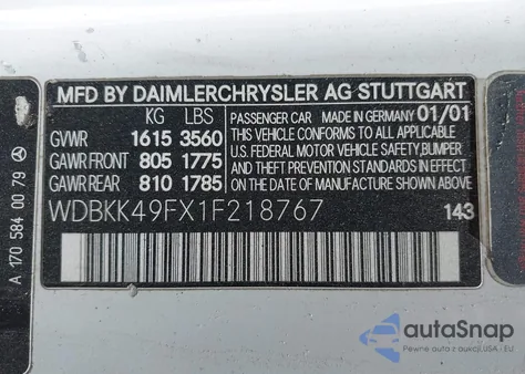 2001 Mercedes-Benz Slk 230 Kompressor из США, поврежденный, VIN WDBKK49FX1F218767